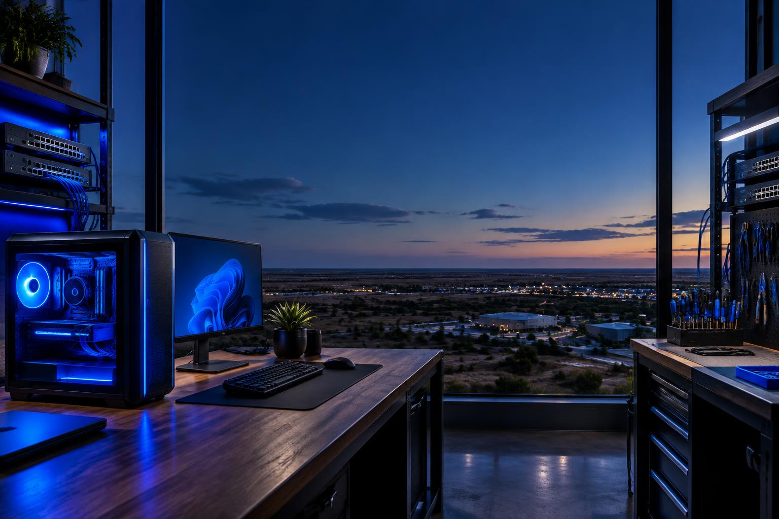 Computer workstation overlooking the wide West Texas landscape