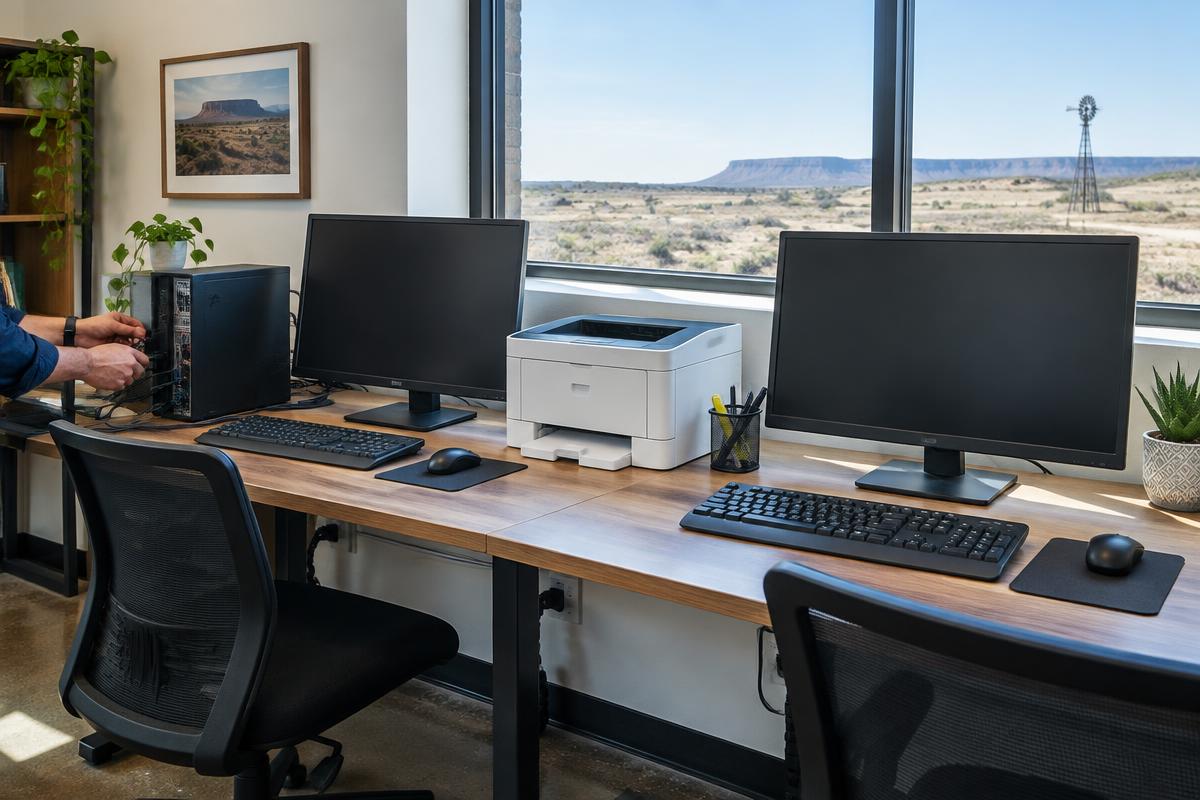 Small business workstations and printer being set up in an office