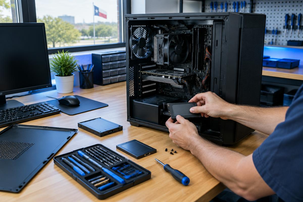 Technician installing a drive in an open desktop computer at a repair bench
