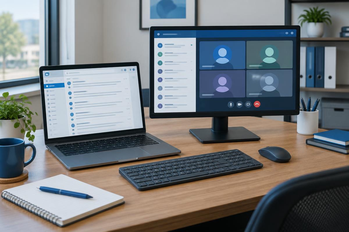 Office laptop and monitor displaying email and a team meeting